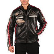 Mens Classic Retro Biker Racer Real Leather Jacket Black Zipped Casual Badge - Knighthood Store
