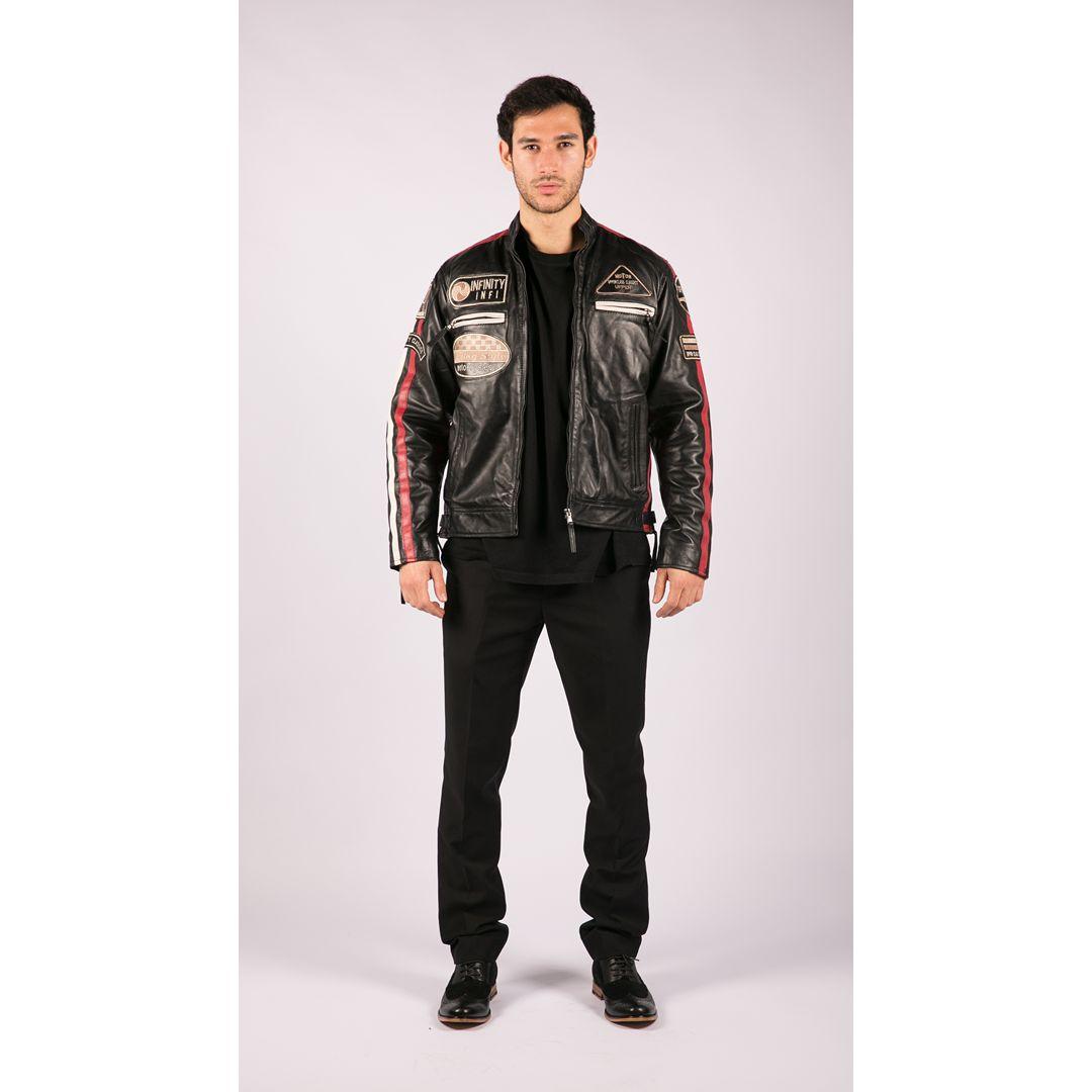 Mens Classic Retro Biker Racer Real Leather Jacket Black Zipped Casual Badge - Knighthood Store