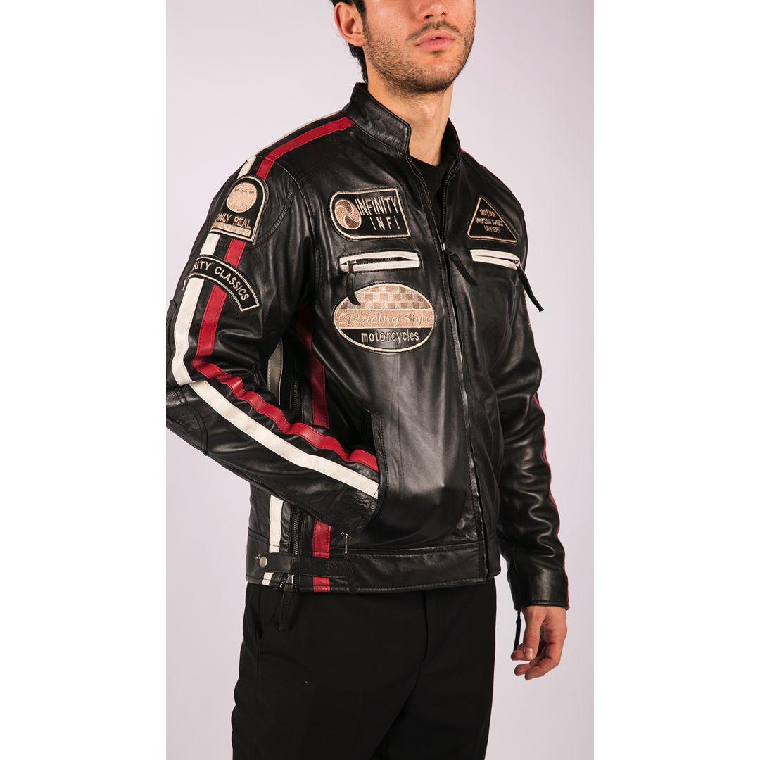 Mens Classic Retro Biker Racer Real Leather Jacket Black Zipped Casual Badge - Knighthood Store