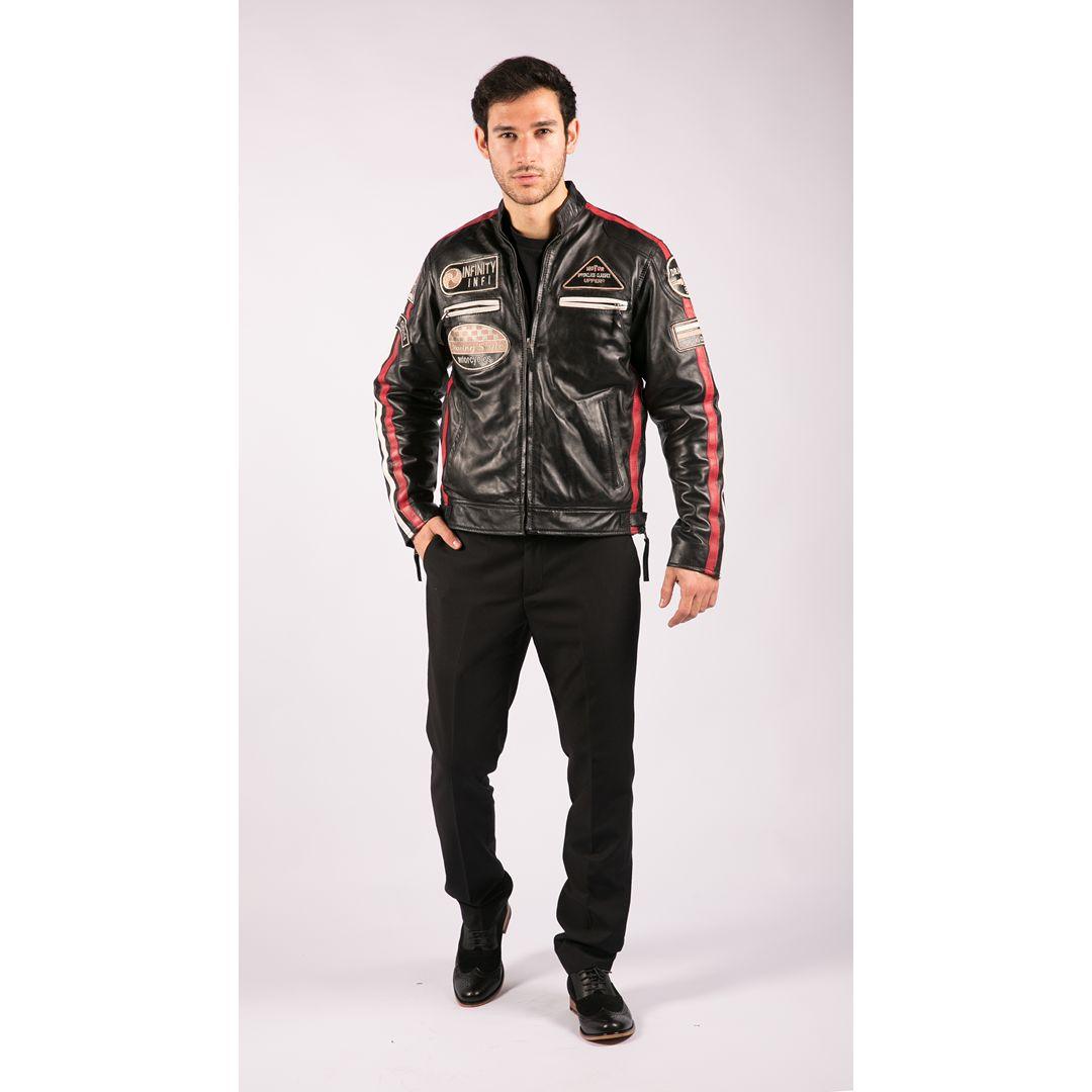 Mens Classic Retro Biker Racer Real Leather Jacket Black Zipped Casual Badge - Knighthood Store