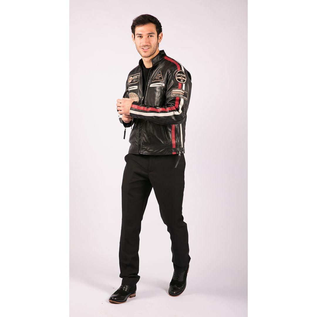 Mens Classic Retro Biker Racer Real Leather Jacket Black Zipped Casual Badge - Knighthood Store