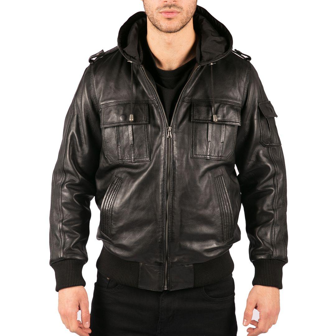 Mens Slim Fit Black Hooded Real Leather Jacket - Knighthood Store