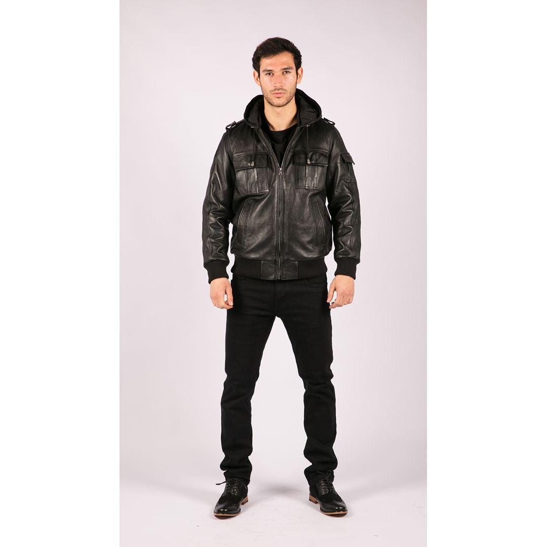 Mens Slim Fit Black Hooded Real Leather Jacket - Knighthood Store