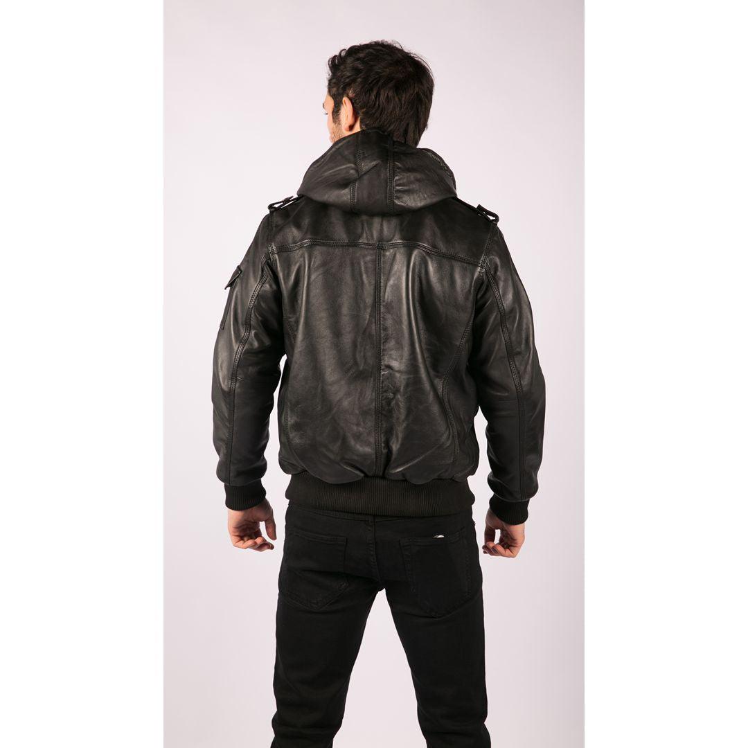 Mens Slim Fit Black Hooded Real Leather Jacket - Knighthood Store