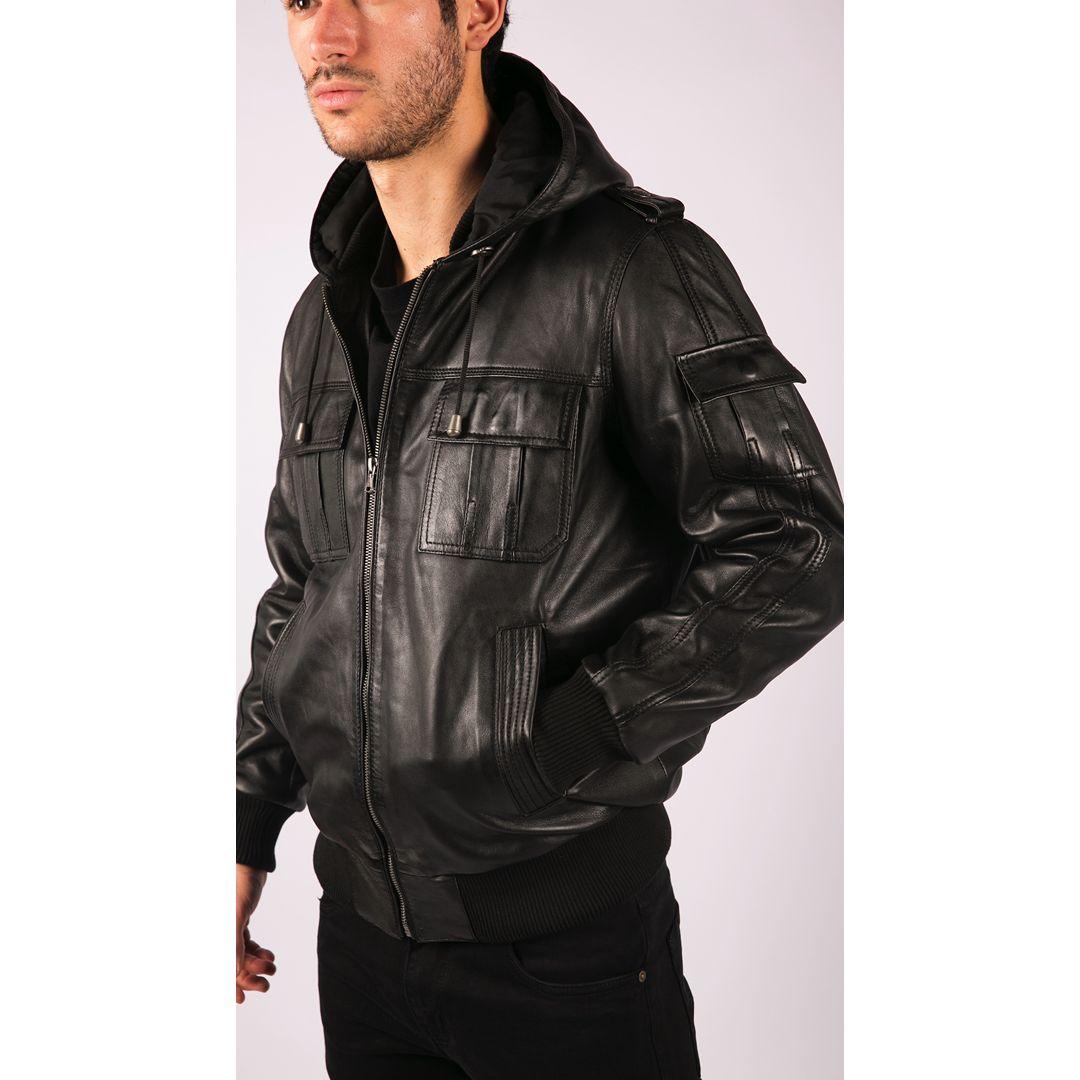 Mens Slim Fit Black Hooded Real Leather Jacket - Knighthood Store