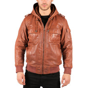 Mens Real Leather Hood Bomber Jacket Tan Timber Brown Washed Vintage Quilted - Knighthood Store