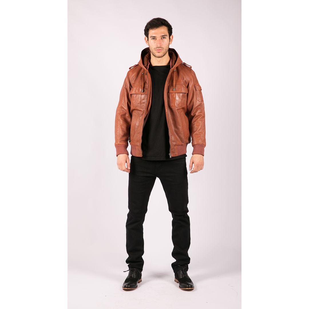 Mens Real Leather Hood Bomber Jacket Tan Timber Brown Washed Vintage Quilted - Knighthood Store