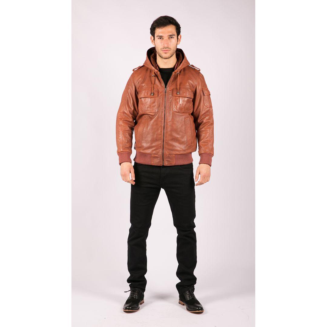 Mens Real Leather Hood Bomber Jacket Tan Timber Brown Washed Vintage Quilted - Knighthood Store