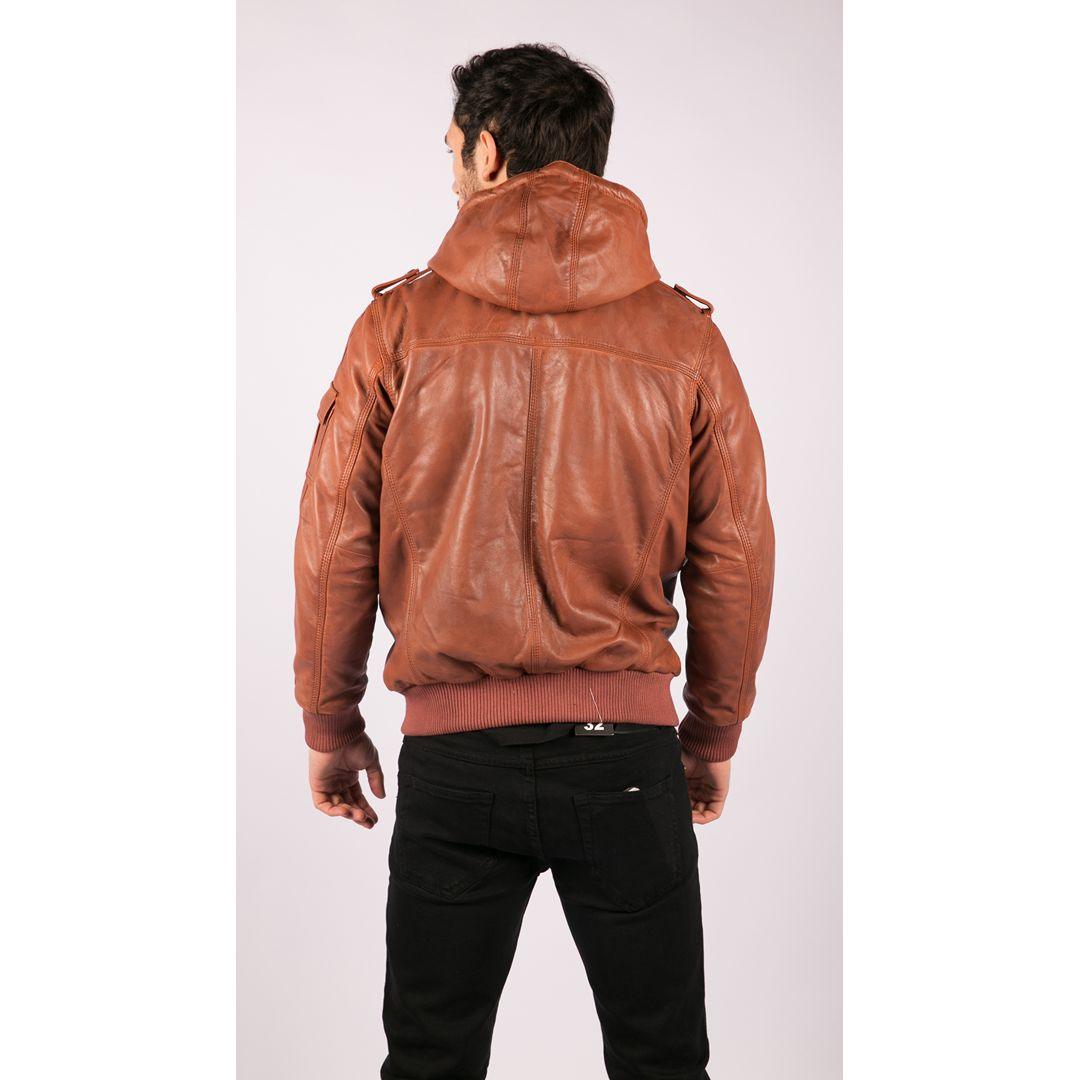Mens Real Leather Hood Bomber Jacket Tan Timber Brown Washed Vintage Quilted - Knighthood Store