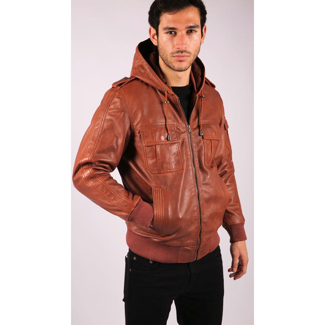 Mens Real Leather Hood Bomber Jacket Tan Timber Brown Washed Vintage Quilted - Knighthood Store