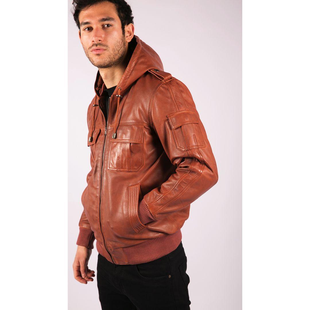 Mens Real Leather Hood Bomber Jacket Tan Timber Brown Washed Vintage Quilted - Knighthood Store