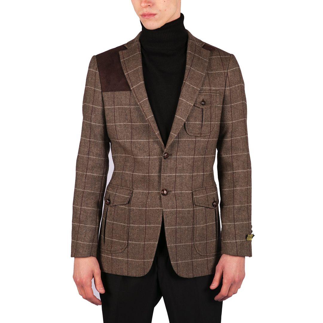 Mens Wool Tweed Shooting Jacket Check Hunting Herringbone Blazer Oak Elbow Patch - Knighthood Store