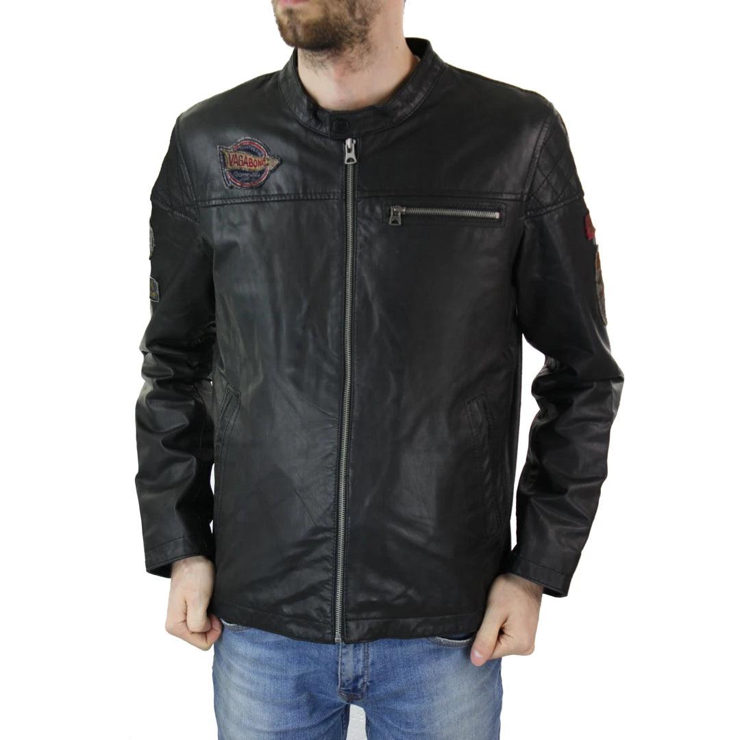 Mens Black Distressed Biker Zip Racing Jacket Badge Nehru Vintage Retro Motorcycle - Knighthood Store