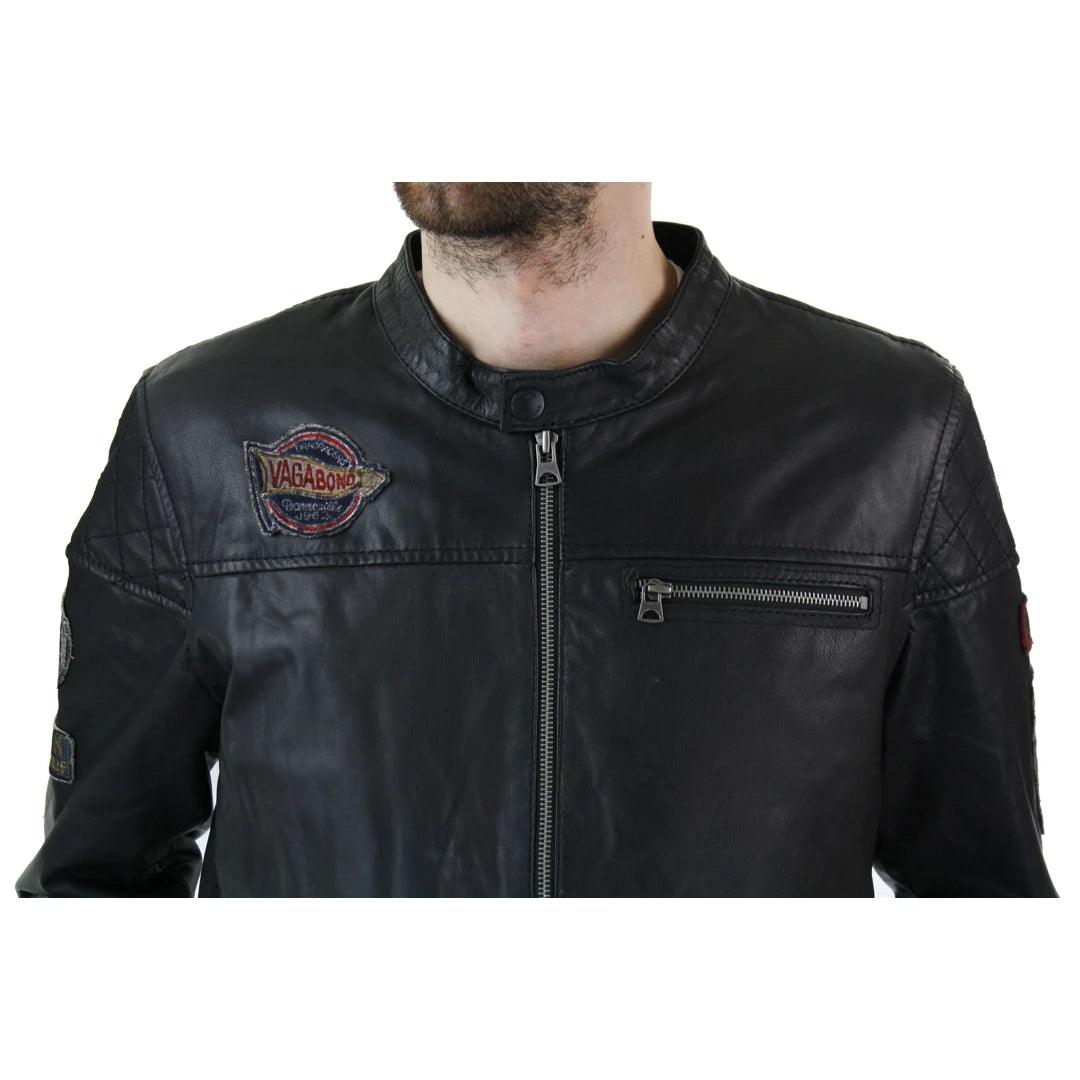 Mens Black Distressed Biker Zip Racing Jacket Badge Nehru Vintage Retro Motorcycle - Knighthood Store