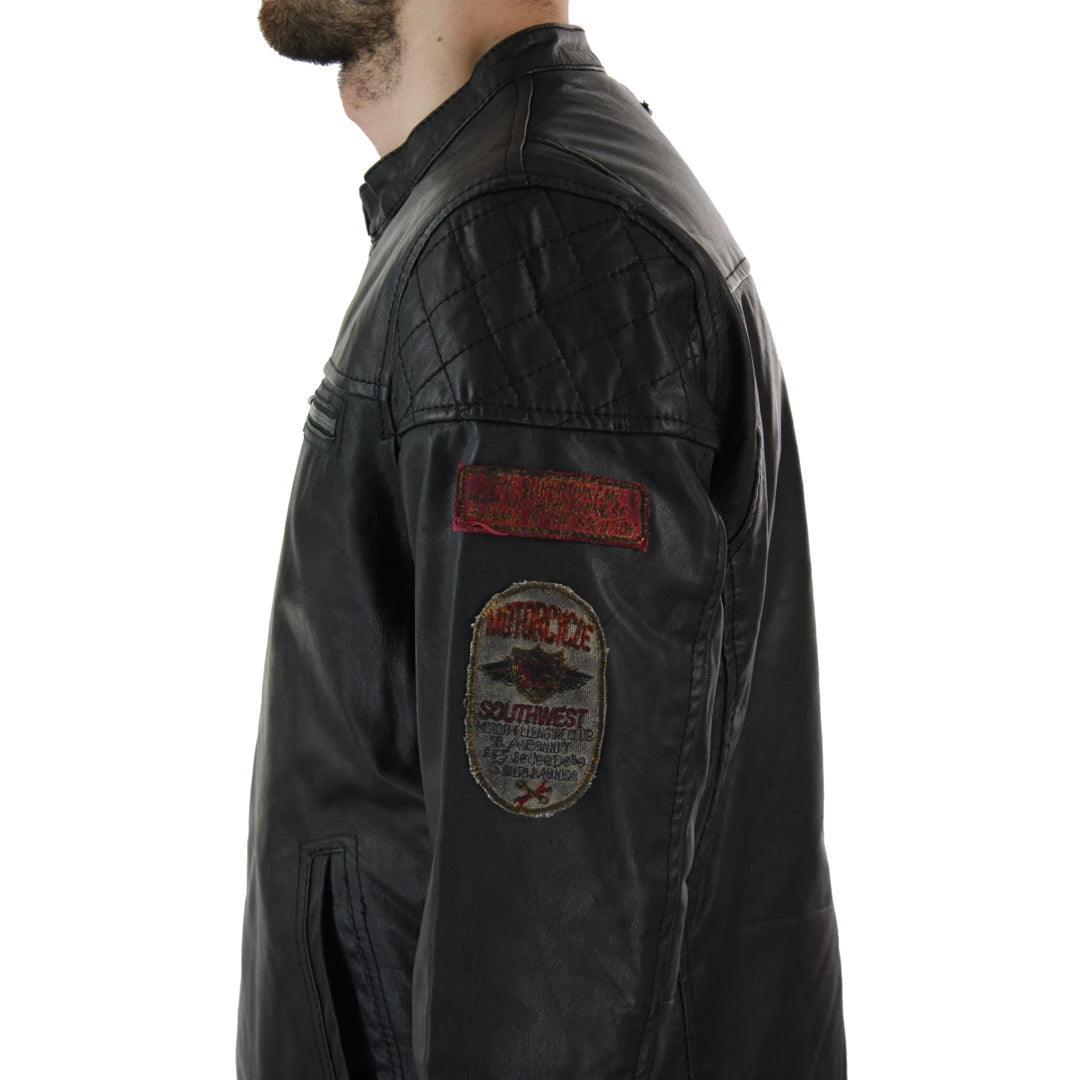 Mens Black Distressed Biker Zip Racing Jacket Badge Nehru Vintage Retro Motorcycle - Knighthood Store