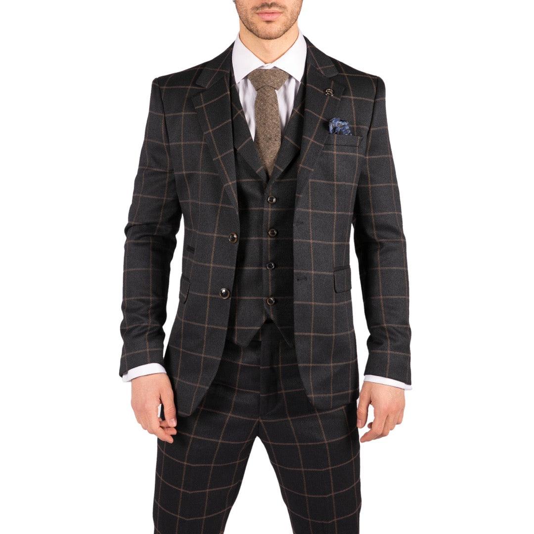 Mens Blue 3 Piece Suit Tan Check Classic Wedding Prom Peaky Tweed Vintage - Knighthood Store