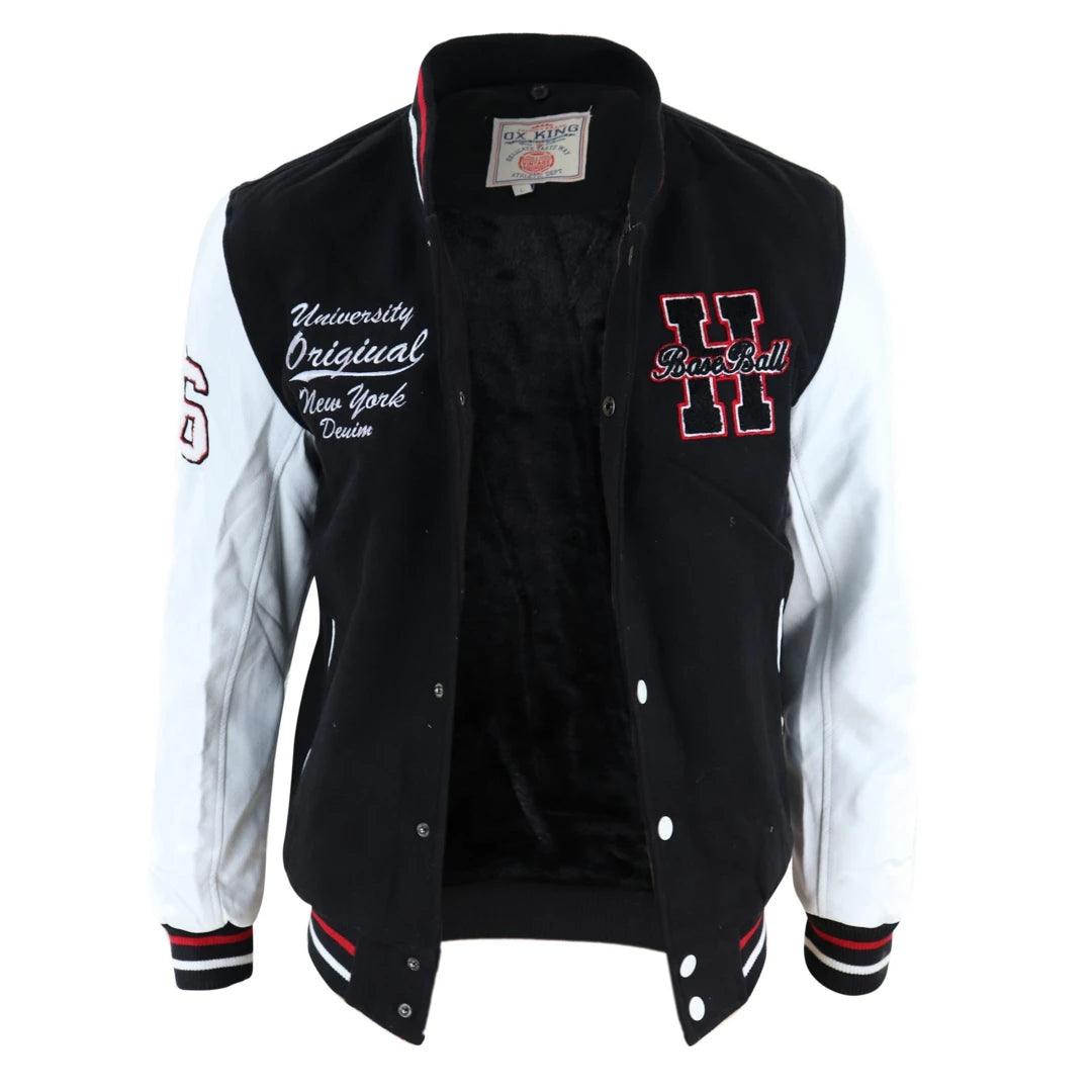 Mens Baseball Varsity Letterman College Fleece Jacket Badge PU Leather Sleeves - Knighthood Store