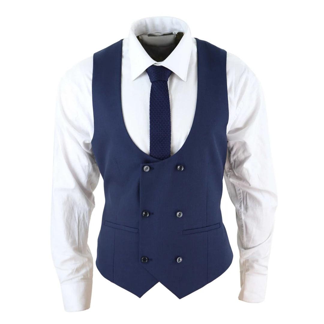 Mens Navy Double Breasted Tailored Fit Classic Retro Office Smart Formal - Knighthood Store