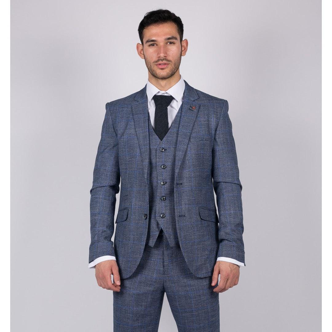 Mens 3 Piece Suit Blue Prince Of Wales Check Tailored Fit Summer Classic Vintage - Knighthood Store