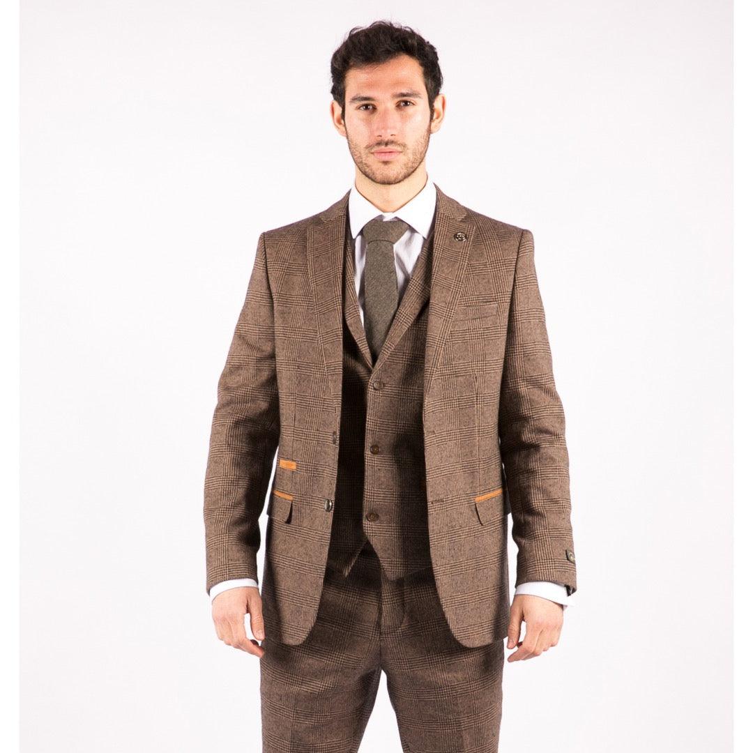 Mens Wool 3 Piece Check Suit Tweed Brown Tailored Fit Blinders Gatsby 1920s - Knighthood Store