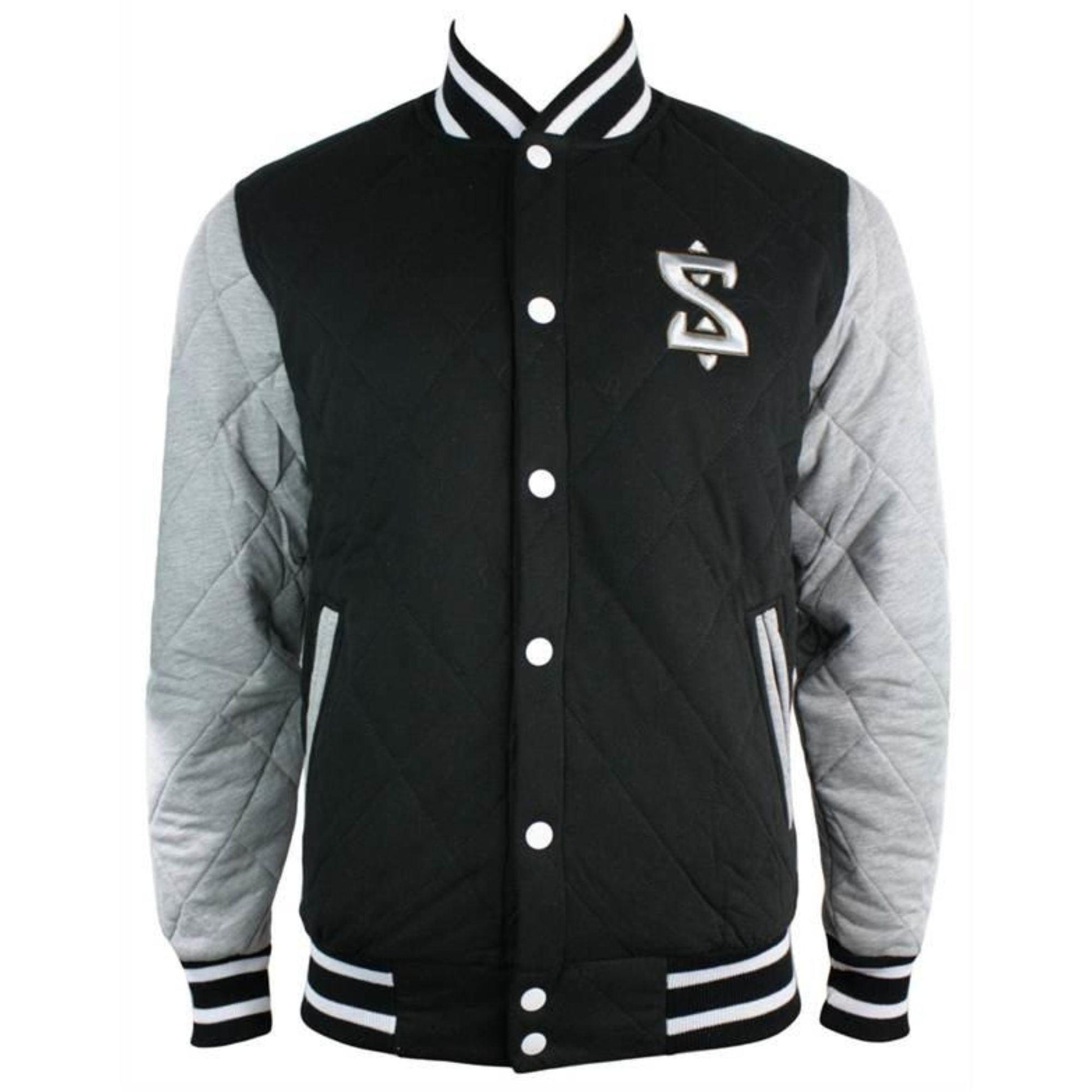 Mens Black College Baseball Grey Arms Bomber Quilted Jacket Varsity Elbow Patch - Knighthood Store