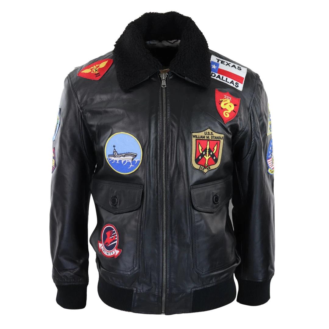 Mens Black Topgun Maverick Jacket Pilot Bomber US Badges Black Fur Tom Cat - Knighthood Store