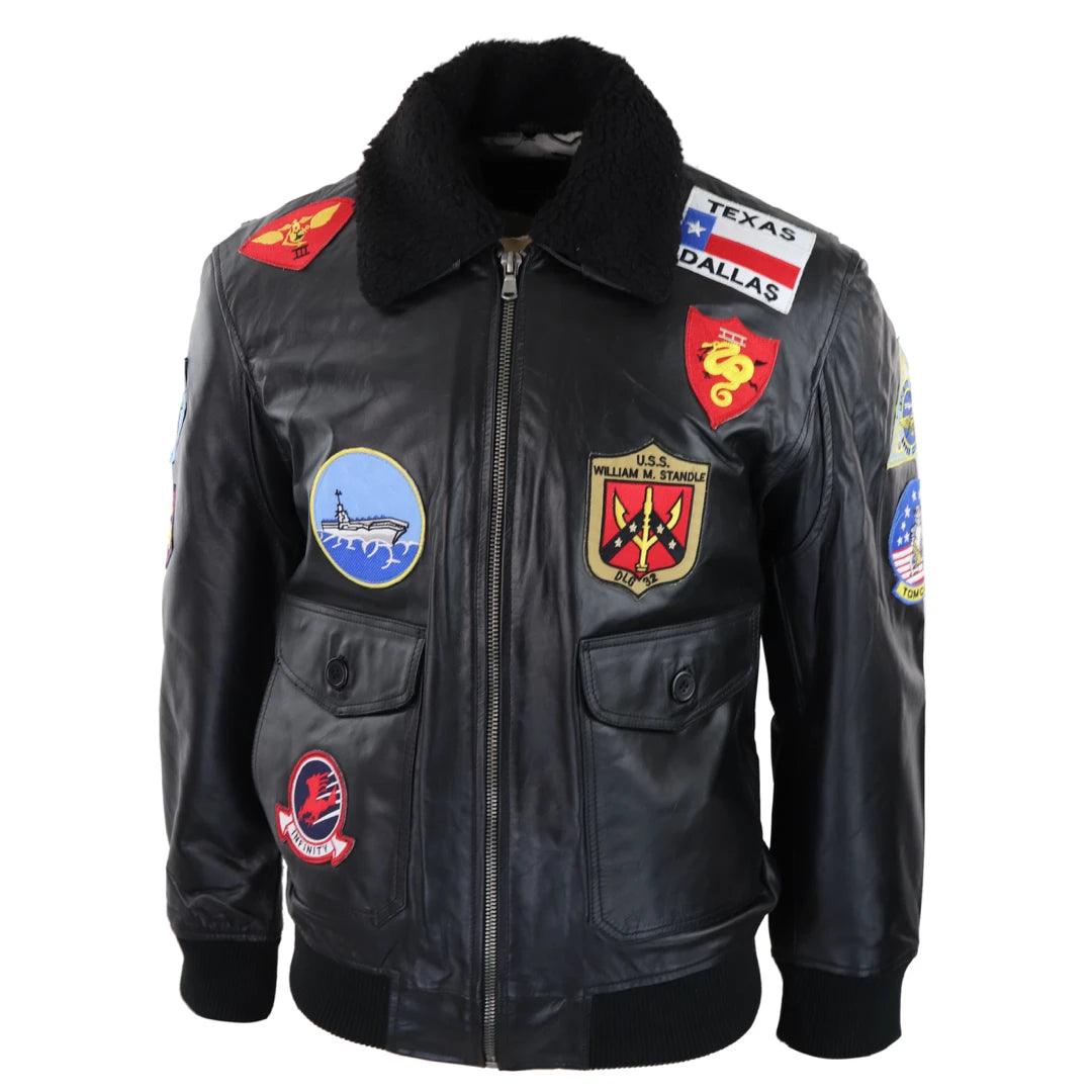 Mens Black Topgun Maverick Jacket Pilot Bomber US Badges Black Fur Tom Cat - Knighthood Store