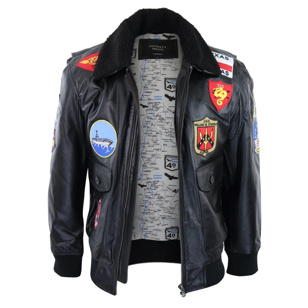 Mens Black Topgun Maverick Jacket Pilot Bomber US Badges Black Fur Tom Cat - Knighthood Store