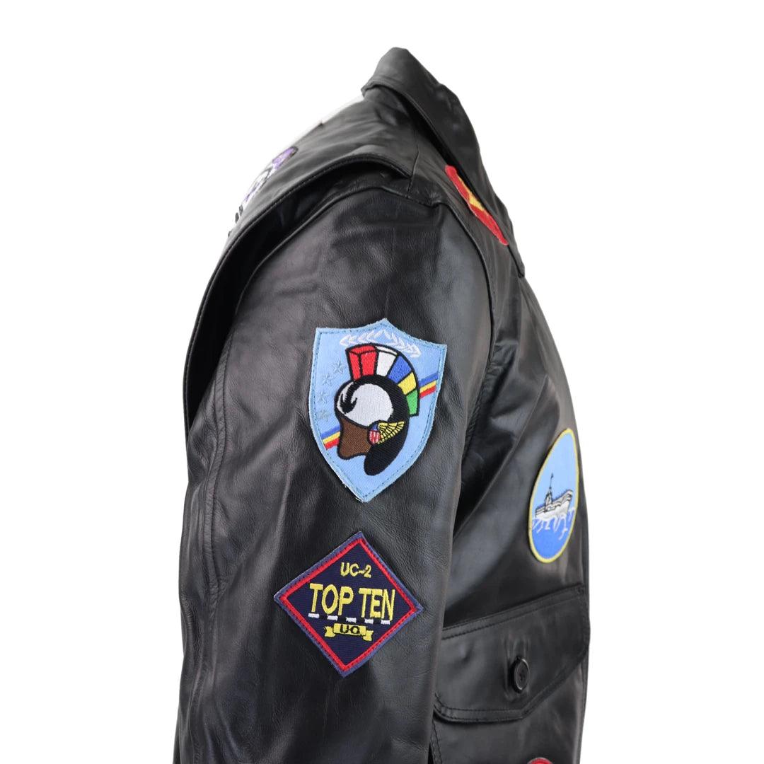 Mens Black Topgun Maverick Jacket Pilot Bomber US Badges Black Fur Tom Cat - Knighthood Store