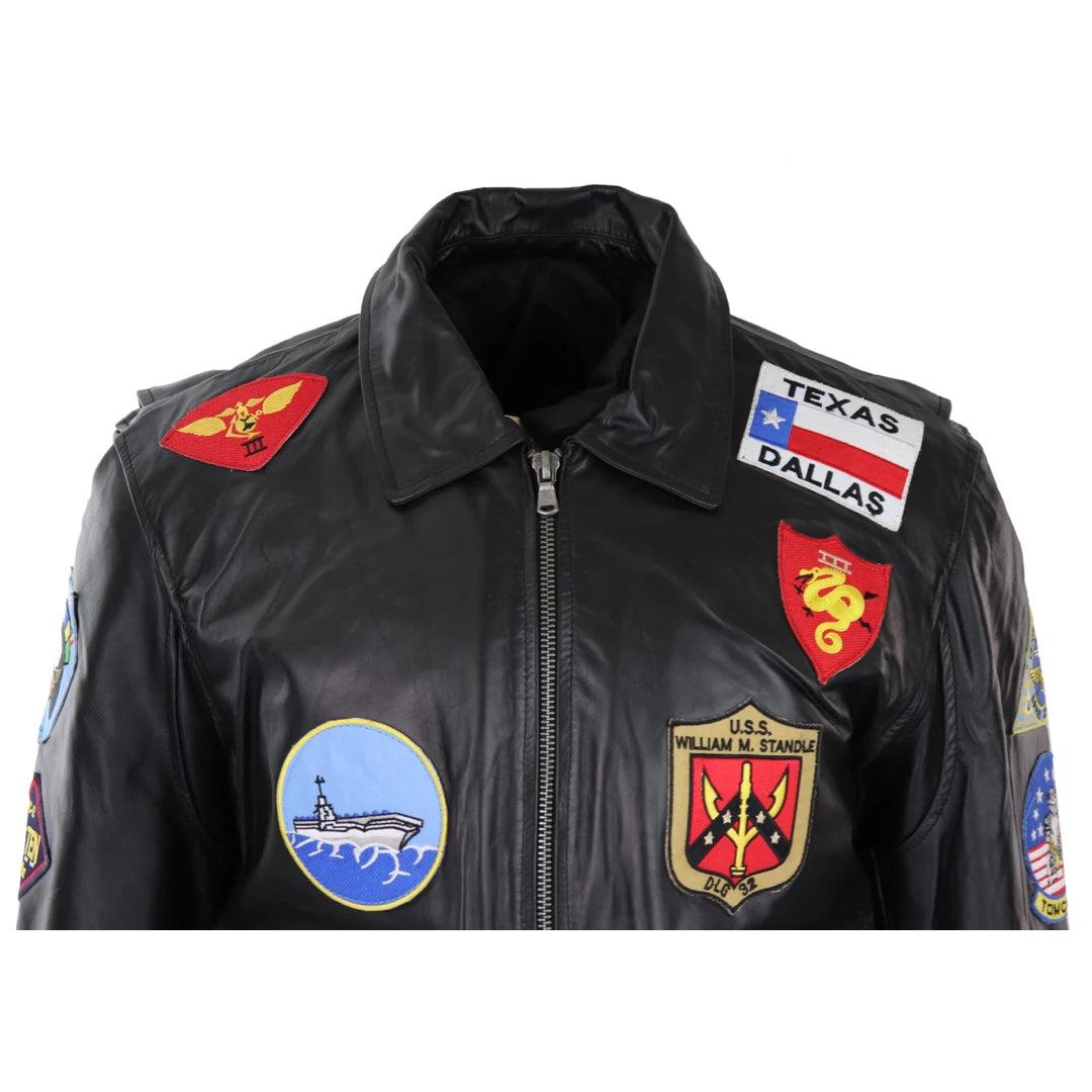 Mens Black Topgun Maverick Jacket Pilot Bomber US Badges Black Fur Tom Cat - Knighthood Store