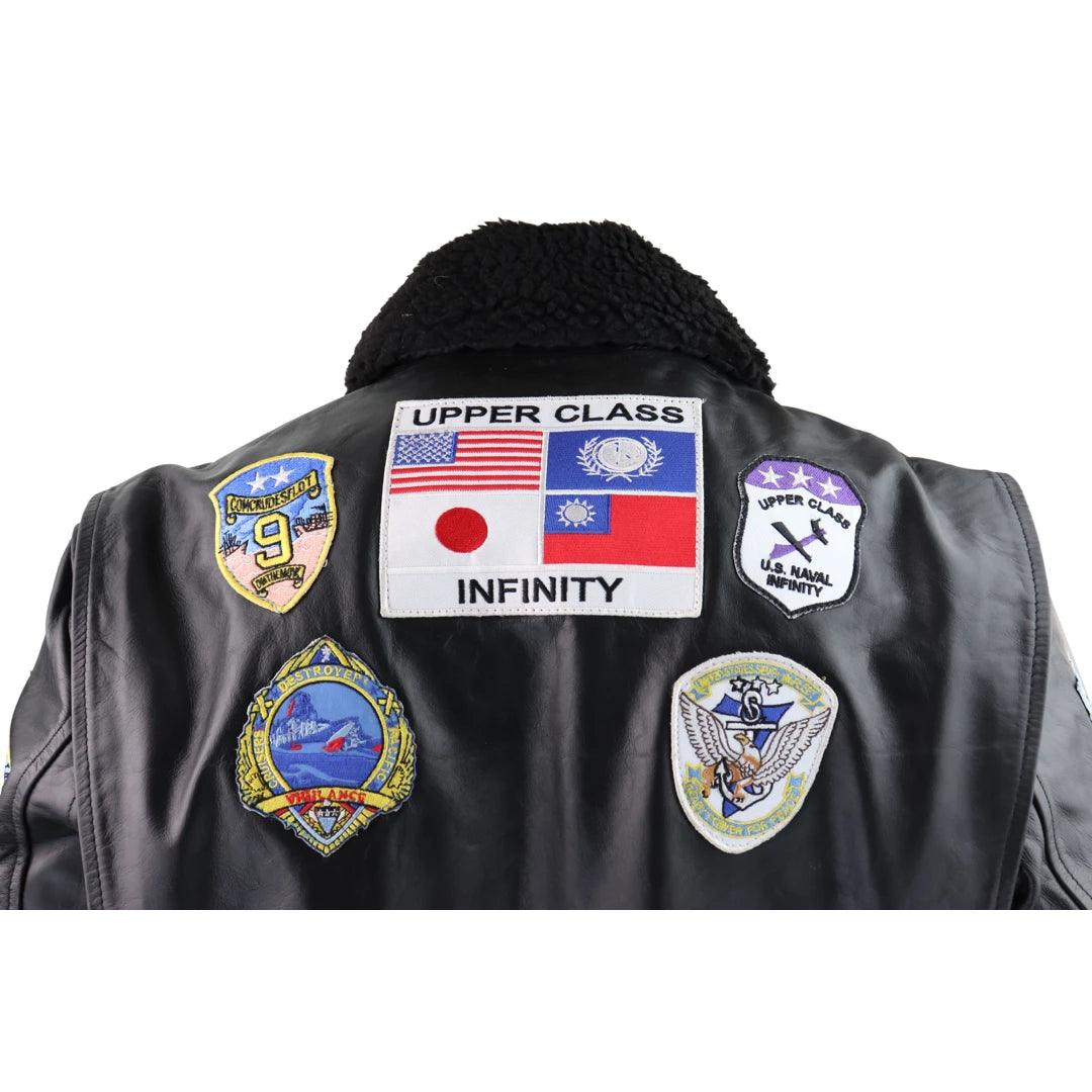 Mens Black Topgun Maverick Jacket Pilot Bomber US Badges Black Fur Tom Cat - Knighthood Store