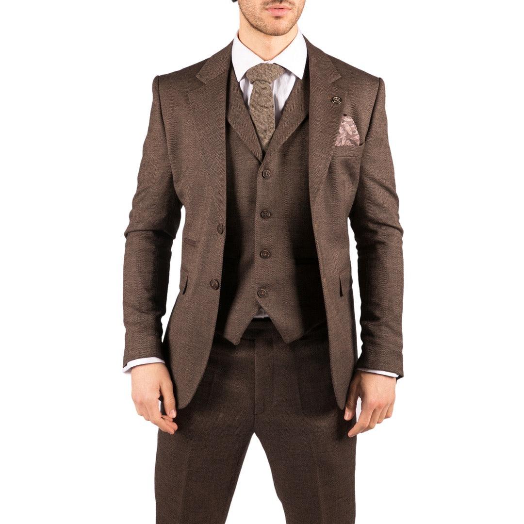Mens Herringbone Tweed 3 Piece Suit Brown Classic Vintage Tailored Wedding Blinders - Knighthood Store