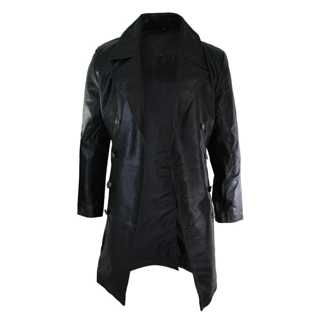 Mens Long 3/4 Black Real Leather German Generals Jacket Punk Rock Emo - Knighthood Store