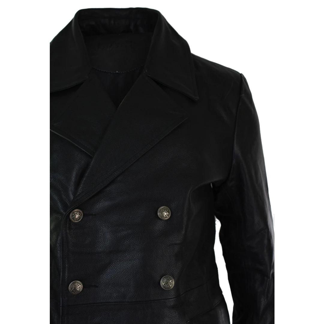 Mens Long 3/4 Black Real Leather German Generals Jacket Punk Rock Emo - Knighthood Store