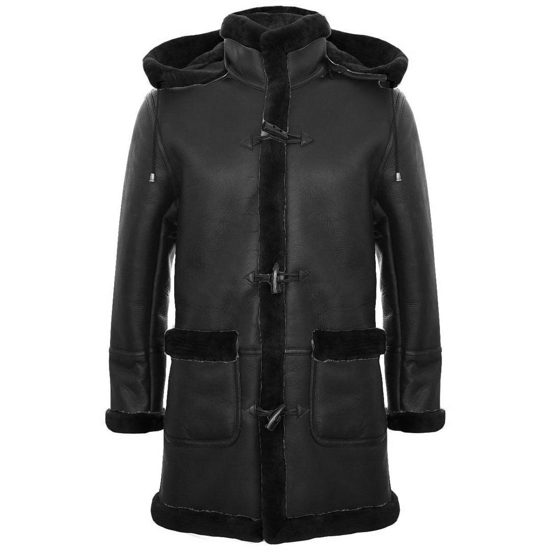 Mens Genuine Shearling Sheepskin Duffle Coat WW2 UK Winter 3/4 Leather Hood - Knighthood Store