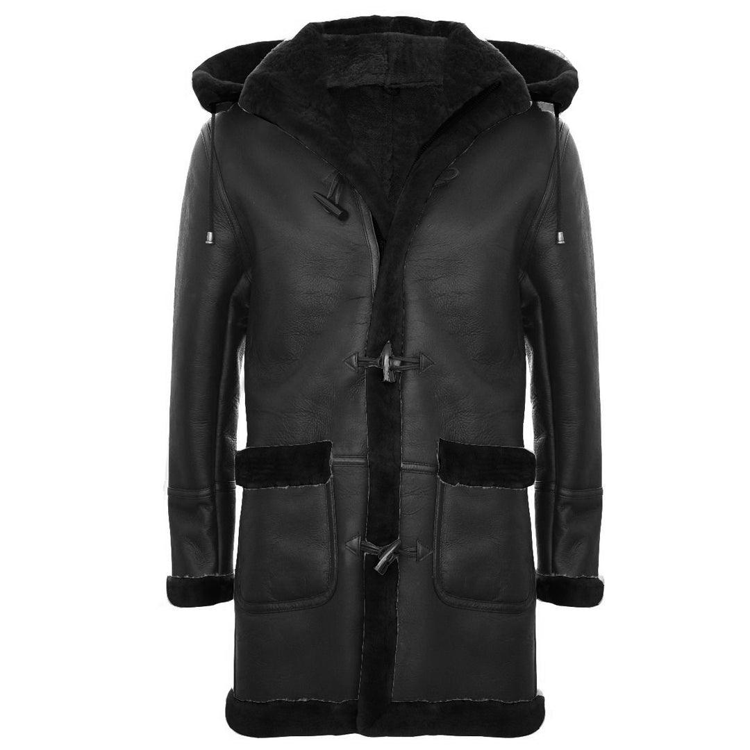 Mens Genuine Shearling Sheepskin Duffle Coat WW2 UK Winter 3/4 Leather Hood - Knighthood Store