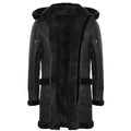 Mens Genuine Shearling Sheepskin Duffle Coat WW2 UK Winter 3/4 Leather Hood - Knighthood Store