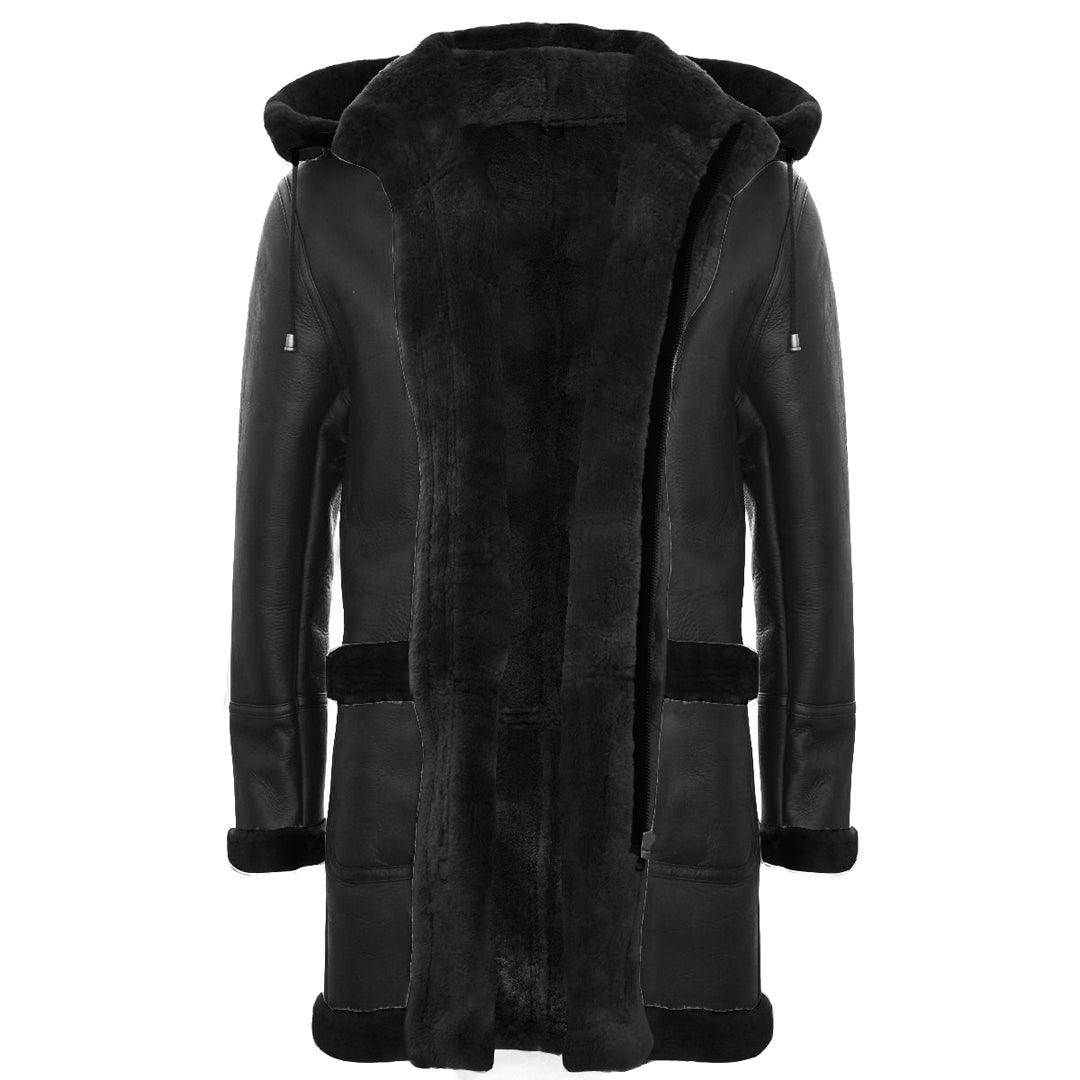 Mens Genuine Shearling Sheepskin Duffle Coat WW2 UK Winter 3/4 Leather Hood - Knighthood Store