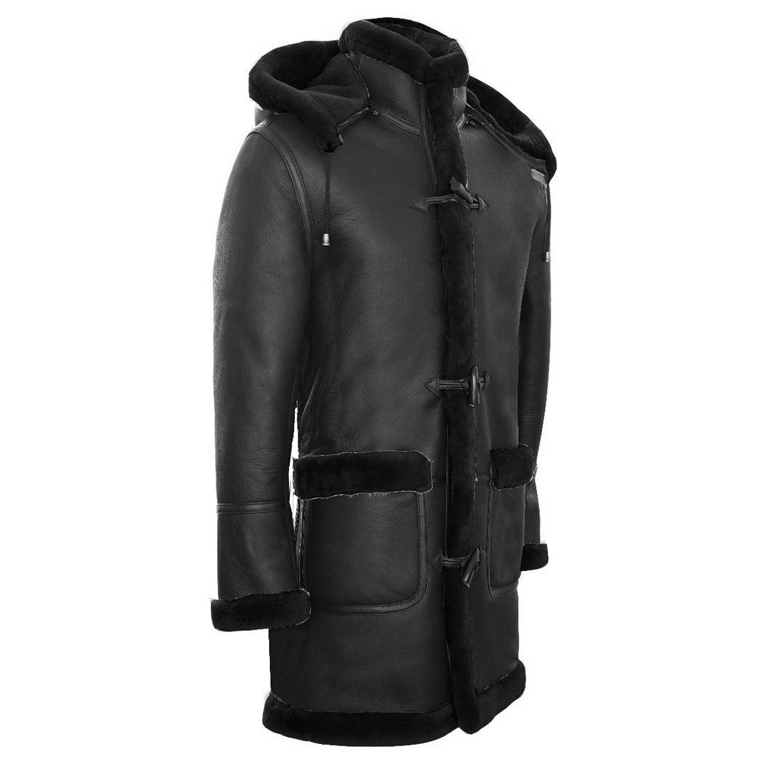 Mens Genuine Shearling Sheepskin Duffle Coat WW2 UK Winter 3/4 Leather Hood - Knighthood Store