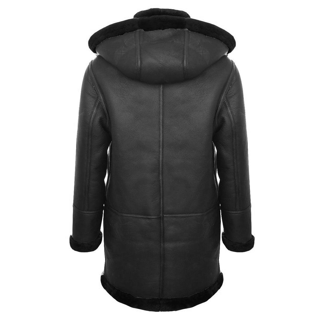 Mens Genuine Shearling Sheepskin Duffle Coat WW2 UK Winter 3/4 Leather Hood - Knighthood Store