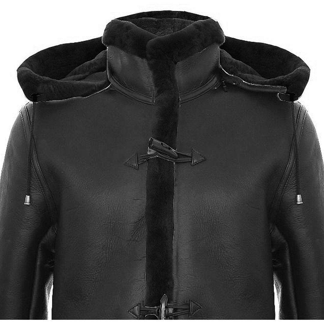 Mens Genuine Shearling Sheepskin Duffle Coat WW2 UK Winter 3/4 Leather Hood - Knighthood Store