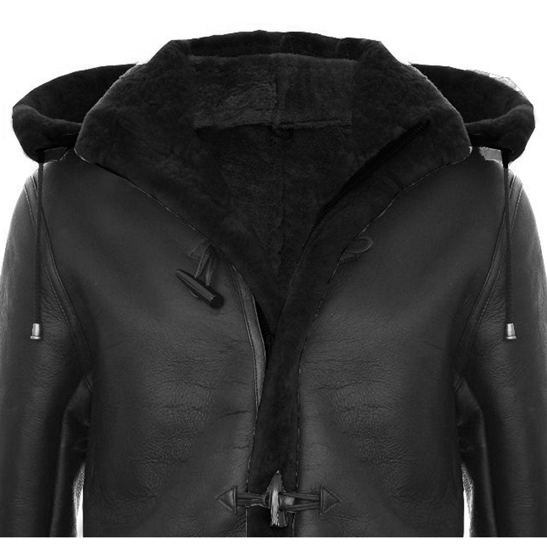 Mens Genuine Shearling Sheepskin Duffle Coat WW2 UK Winter 3/4 Leather Hood - Knighthood Store