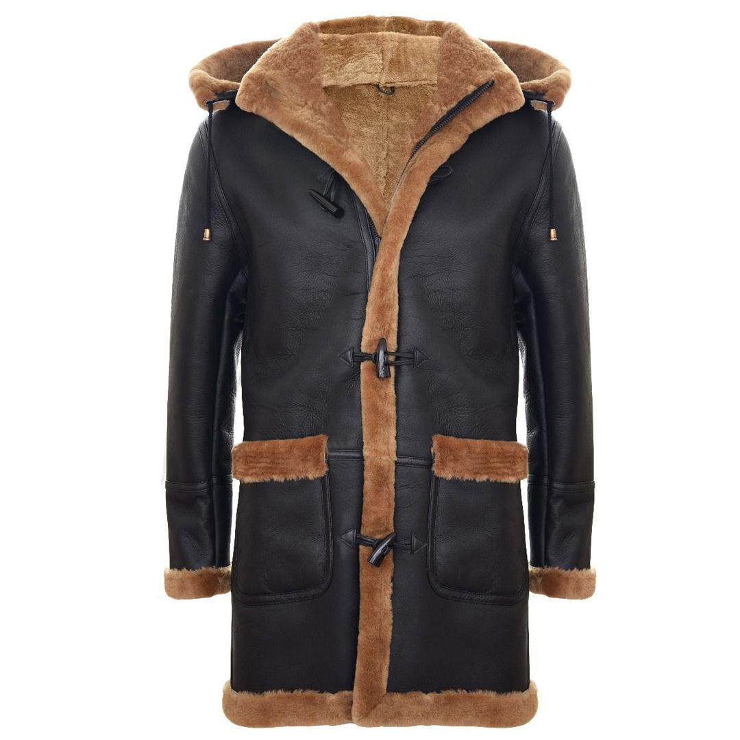 Mens Genuine Shearling Sheepskin Duffle Coat WW2 UK Winter 3/4 Hood Brown Ginger - Knighthood Store