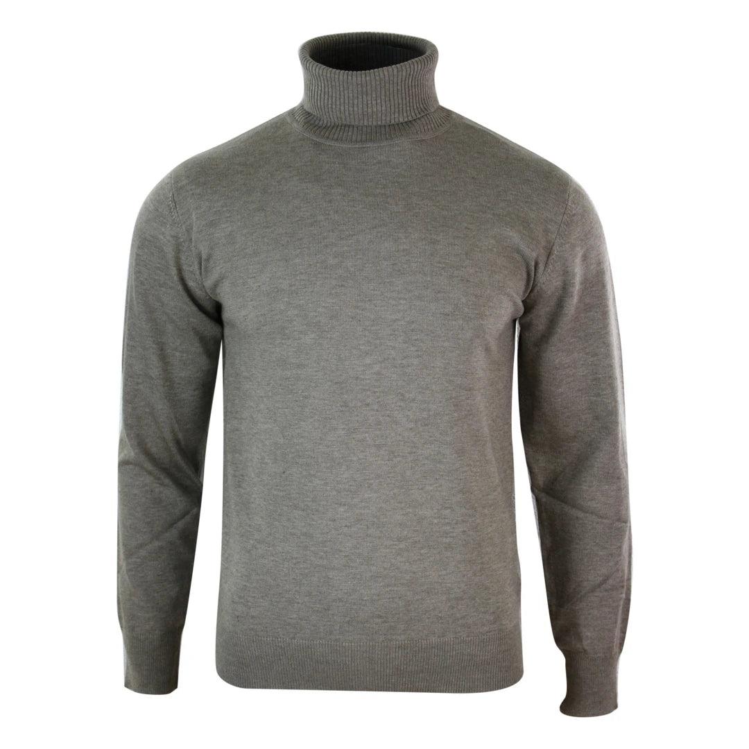 Mens Slim Fit Polar Roll Neck Jumper Light Weight Fitted Cashmere Wool Blend Grey Black Navy - Knighthood Store