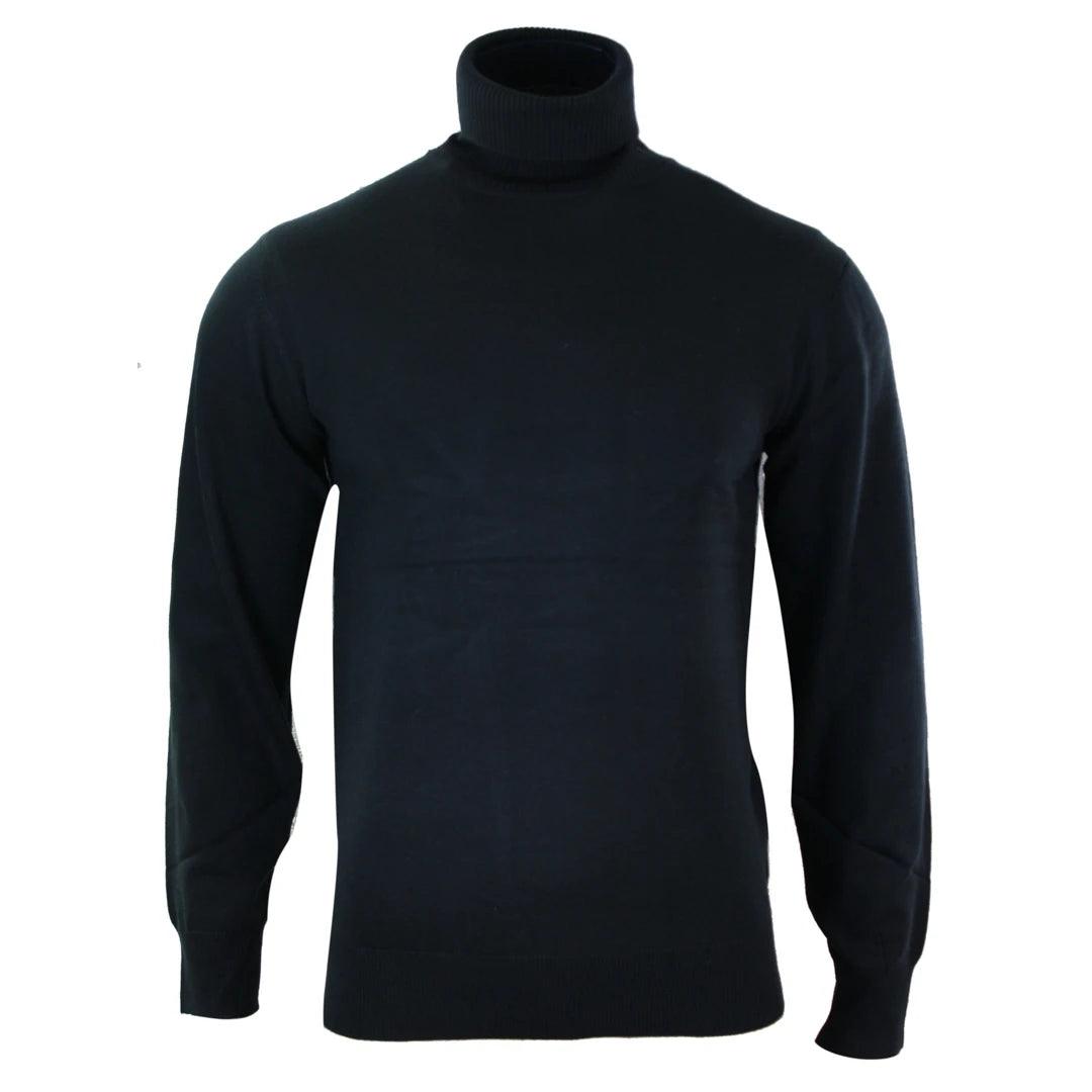 Mens Slim Fit Polar Roll Neck Jumper Light Weight Fitted Cashmere Wool Blend Grey Black Navy - Knighthood Store