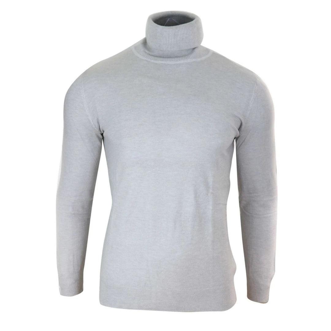 Mens Slim Fit Polar Roll Neck Jumper Light Weight Fitted Cashmere Wool Blend Grey Black Navy - Knighthood Store