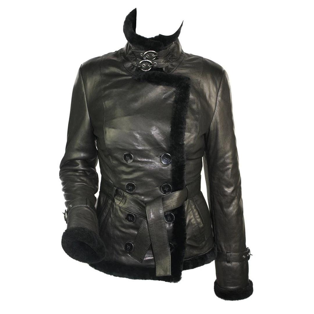 Ladies 100% Black Sheepskin Toscana Jacket Coat Military Blazer Style Belt Black - Knighthood Store
