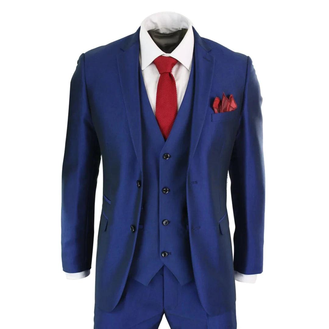 Mens Boys 3 Piece Shiny Blue Wedding Prom Party Suit Tailored Fit Smart Formal-TruClothing