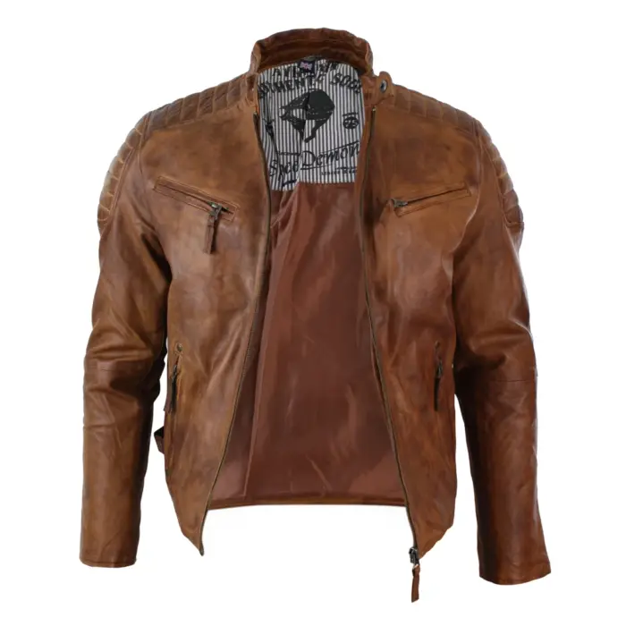 Mens Blue Grey Real Leather Designer Zipped Biker Jacket Washed Casual Vintage - Image 7