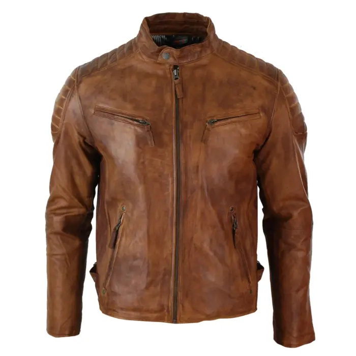 Mens Blue Grey Real Leather Designer Zipped Biker Jacket Washed Casual Vintage - Image 8